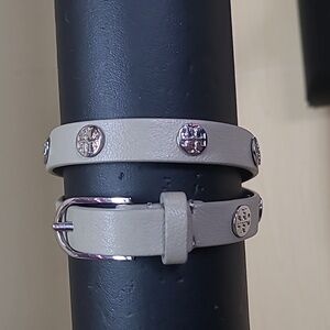Tory Burch Double Wrap Silver Logo Unisex Stud Bracelet French Gray Soft Leather